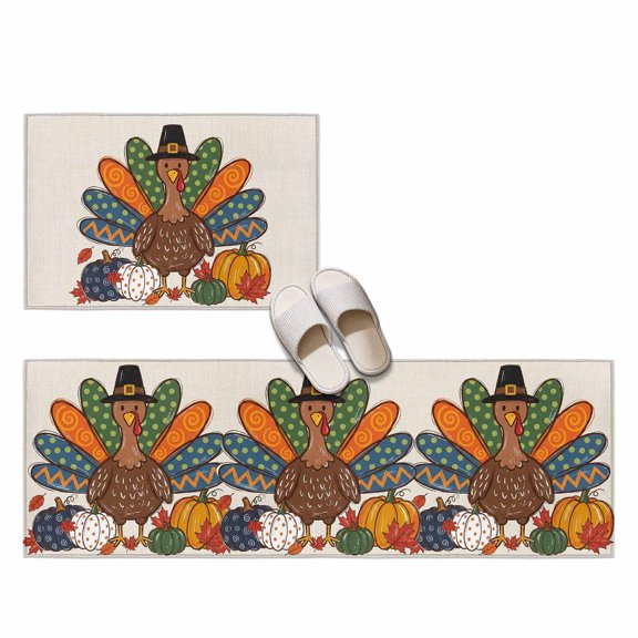 Thanksgiving Turkey 2 Pieces Non-Slip Kitchen Mat Set, Fall Cartoon Polka Dot Turkey Pumpkin Retro Soft Door Mat with Rubber Backing, Dirtproof Rugs for Entrance Doorway, 23.6x35.4in+23.6x70.9in
