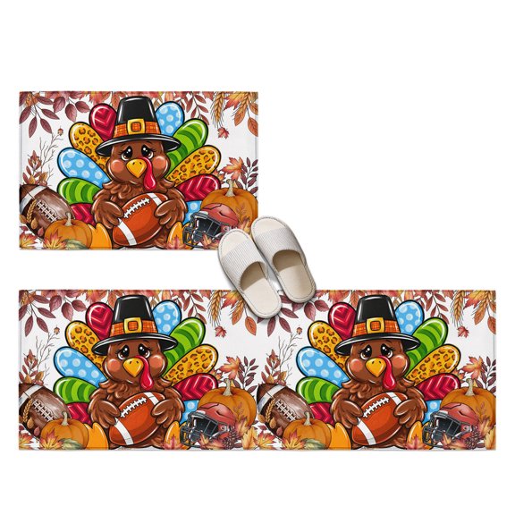 Thanksgiving Turkey 2 Pieces Non-Slip Kitchen Mat Set, Fall Harvest Orange Maple Leaves Football Soft Door Mat with Rubber Backing, Dirtproof Rugs for Entrance Doorway, 23.6x35.4in+23.6x70.9in