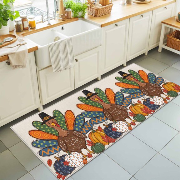Thanksgiving Turkey 2'x6' Runner Rugs for Hallway Walkway Kitchen Galley, Fall Cartoon Polka Dot Turkey Pumpkin Retro Soft Sturdy Washable Mats Non Slip Long Corridor Area Rug
