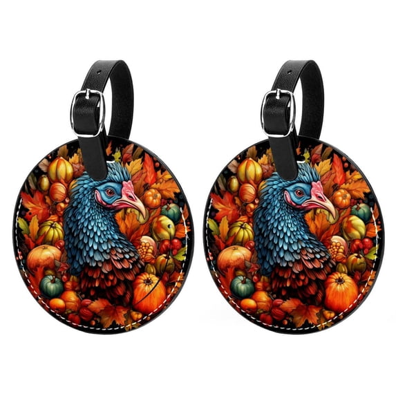 Thanksgiving Turkey 2pcs PU Leather Round Bag Tags Suitcase Handbag Tags with Privacy Cover and Name ID Tag for Travel Luggage, Handbags, Backpacks, School Bags