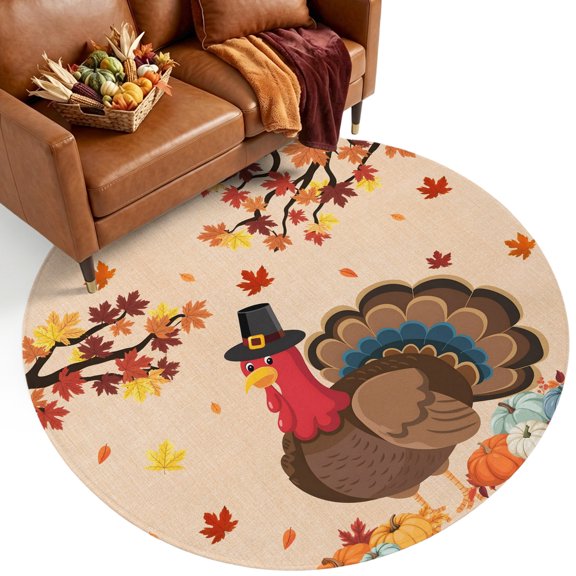 Thanksgiving Turkey 7' Round Rugs for Living Room Conversation Area, Fall Pumpkin Maple Leaf Washable Non Slip Large Circle Area Rug Under Dining Table