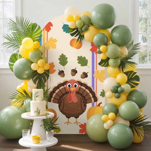Thanksgiving Turkey Arch Backdrop Cover, 5FT, Pumpkin Maple Leaf Acorn Spandex Arch Covers Double-Sided Backdrop for Wedding Birthday Party Photo Background Decoration