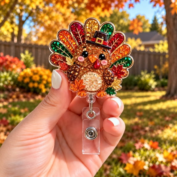 Thanksgiving Turkey Badge Reel, Glitter Autumn ID Holder for Nurses and ...