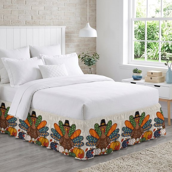 Thanksgiving Turkey Bed Skirt Queen Size 16 Inch Drop, Fall Cartoon Polka Dot Turkey Pumpkin Retro Adjustable Elastic Dust Ruffles Bedskirt for Queen Bed Wrap Around Pleated Mattress Frame Cover
