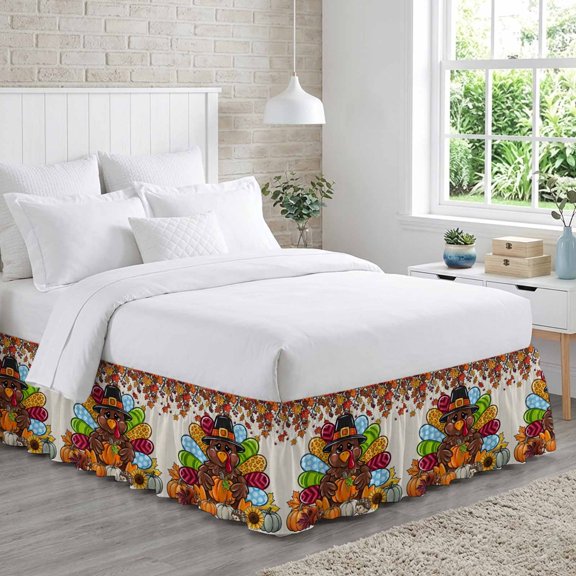 Thanksgiving Turkey Bed Skirt Queen Size 16 Inch Drop, Fall Farm Vinatge Maple Pumpkin Sunflower Leaf Berry Adjustable Elastic Dust Ruffles Bedskirt for Queen Bed Wrap Around Pleated Mattress Cover