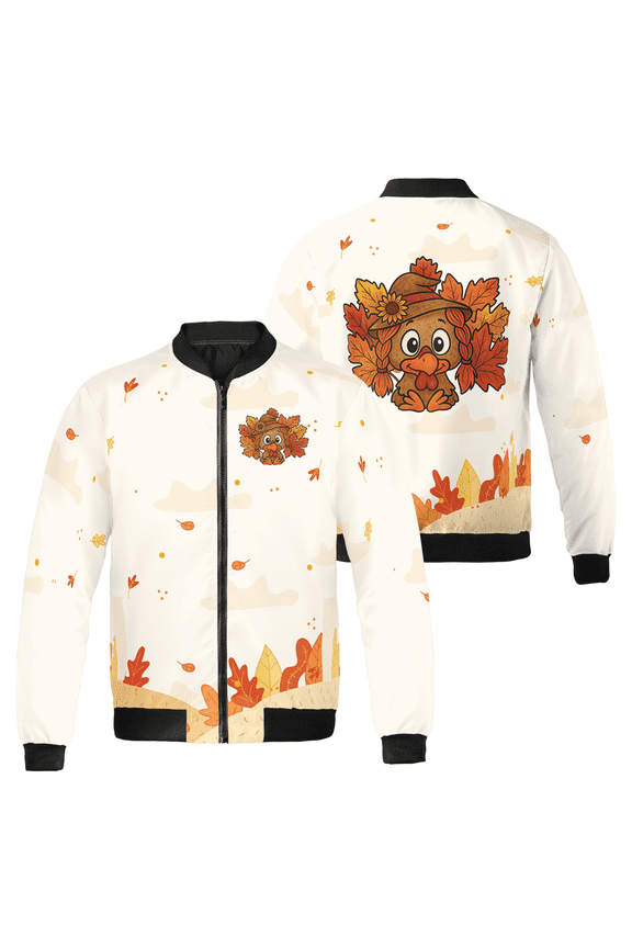 Thanksgiving Turkey Bomber Jacket – Cute Cartoon Turkey with Autumn Leaves, Funny Holiday Outfit, Fall Festival Jacket for Men and Women