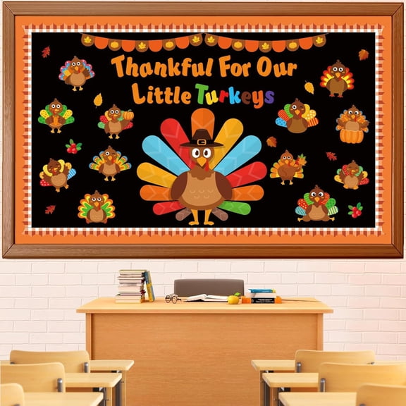 Thanksgiving Turkey Bulletin Board Set Fall Turkey Bulletin Board Classroom Decoration Autumn Maple Leaves Cutouts Home Window Wall Party Decor for Teacher(Thankful For Our Little Turkeys)