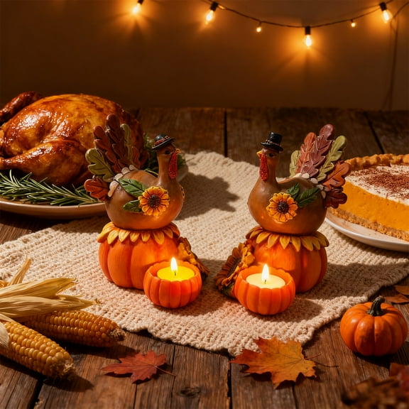 Thanksgiving Turkey Candlestick | Autumn Pumpkin Tea Light Holder Resin | Festive Centerpiece Decor for Home Table | 4.2cm Diameter | 1 Piece | Indoor Ornament