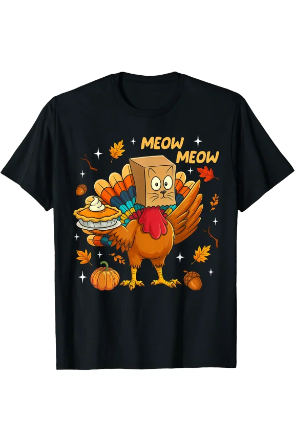 Thanksgiving Turkey Cat Meow Autumn Pumpkin Women Men Kids T-Shirt, Unisex T-Shirt