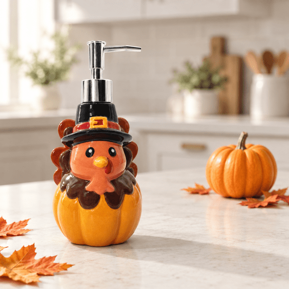 Thanksgiving Turkey Ceramic Soap Dispenser with Pump for Kitchen and Bathroom Countertops