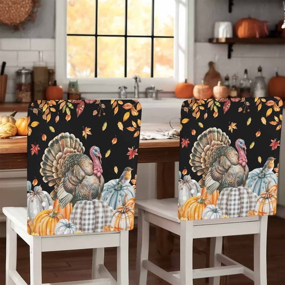 Thanksgiving Turkey Chair Covers Set of 1 Fall Pumpkins Leaves Bird Black Texture Chair Back Covers Stretch Removable Washable Slipcovers Protector for Dining Room Kitchen Party Decor