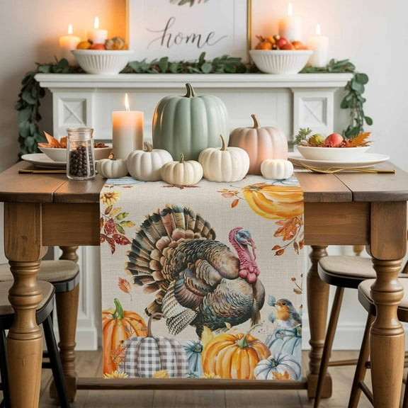 Thanksgiving Turkey Cotton Linen Table Runner, Washable Table Runners for Kitchen, Dining Room, Holiday, Home Party Table Decor, 13x108 Inches