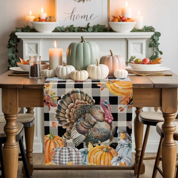 Thanksgiving Turkey Cotton Linen Table Runner, Washable Table Runners for Kitchen, Dining Room, Holiday, Home Party Table Decor, 13x36 Inches