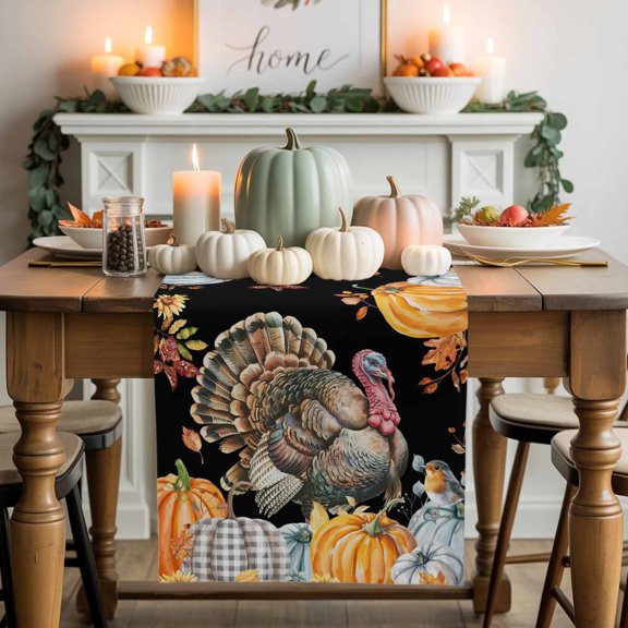 Thanksgiving Turkey Cotton Linen Table Runner, Washable Table Runners for Kitchen, Dining Room, Holiday, Home Party Table Decor, 13x48 Inches