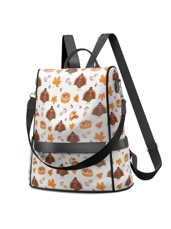 Thanksgiving Turkey Cranberry Pie Maple Fashion Backpack, Convertible Shoulder Bag with Side Bottle Pockets & Convertible Strap, Water Repellent Polyester Gifts for Work Travel Shopping