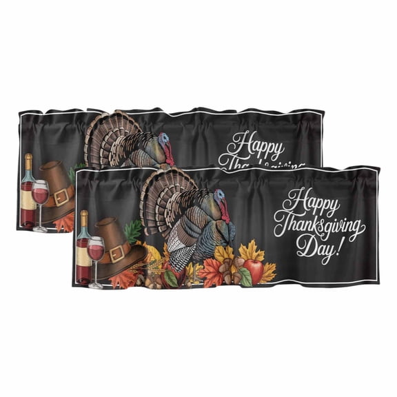 Thanksgiving Turkey Curtain Valances for Windows, Kitchen Valance Window Treatments Panel 2 Pack, Fall Maple Leaf Black Rod Pocket Short Curtains for Bathroom Bedroom 42 x 18 Inch