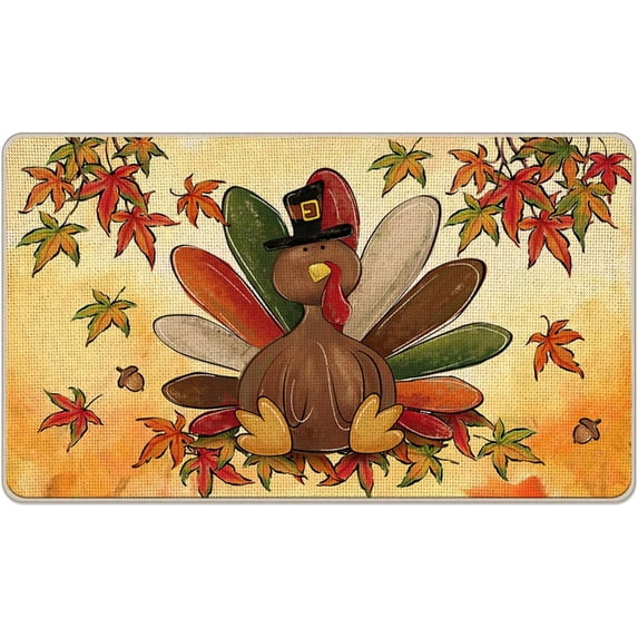 Thanksgiving Turkey Decorative Front Door Mat, Fall Maple Leaves Doormat Indoor Outdoor Non-Slip Floor Entryway Rug, Autumn Leaf Seasonal Farmhouse Home Kitchen Decoration 17x29 Inch