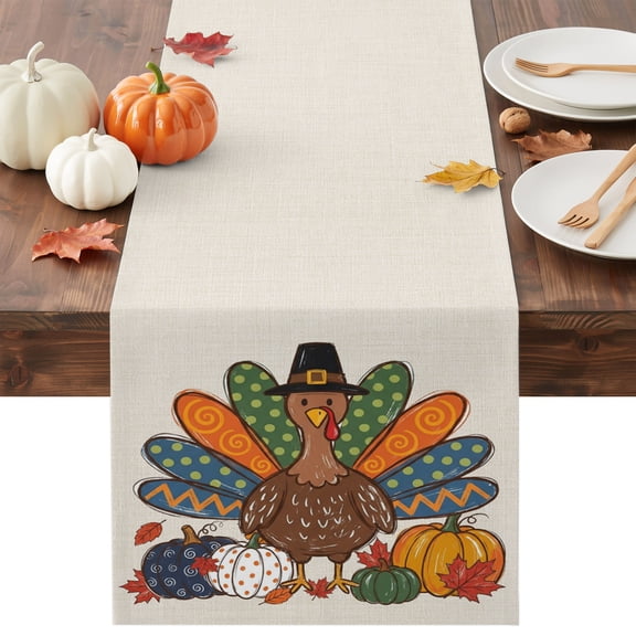 Thanksgiving Turkey Dining Table Runner, Fall Cartoon Polka Dot Turkey Pumpkin Retro Washable Table Runners Kitchen Coffee Table Center Decor for Home Party Holiday Wedding 13 x 72 Inches