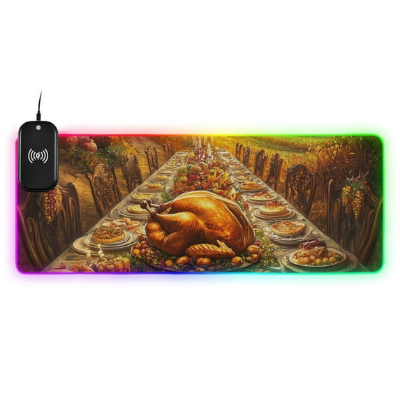 Thanksgiving Turkey Dinner Wireless Charging RGB Gaming Mouse Pad Large Keyboard Mat Rubber Base 13 Light Modes