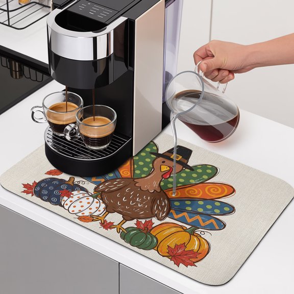 Thanksgiving Turkey Dish Drying Mats for Kitchen Counter, Fall Cartoon Polka Dot Turkey Pumpkin Retro Absorbent Coffee Bar Mat with Non-slip Rubber Backed Quick Drying Dish Rack Pad 16"x18"
