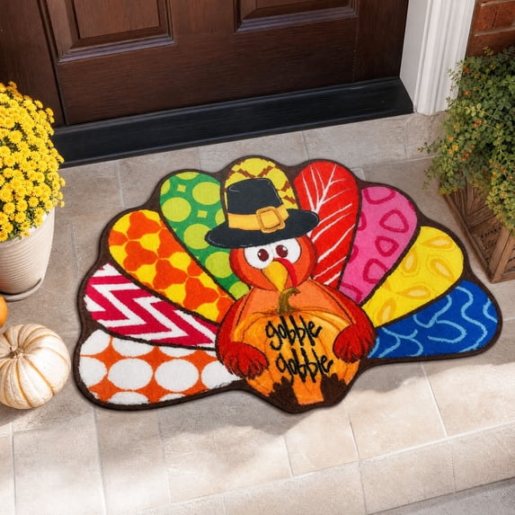 Thanksgiving Turkey Doormat, Harvest Entryway Rug, 35 x 24 Inch Floral Bird Floor Mat for Front Door Porch Hallway Kitchen and Seasonal Home Decor, Colorful Printed Welcome Accent