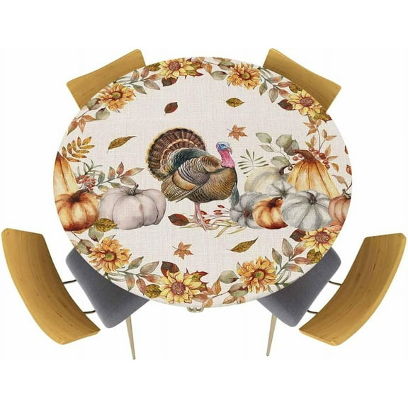 Thanksgiving Turkey Fitted Round Tablecloth,Autumn Pumpkin Back Table Cover with Elastic Edge Waterproof Table Cloth,Retro Linen Circle Table Covers for Kitchen Indoor Outdoor Party 36-44in