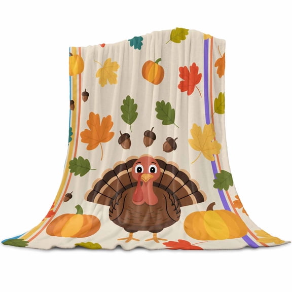 Thanksgiving Turkey Flannel Blanket for Bed,Travel and Camping, Pumpkin Maple Leaf Acorn Super Soft Cozy Blanket for All Seasons 30"x40"