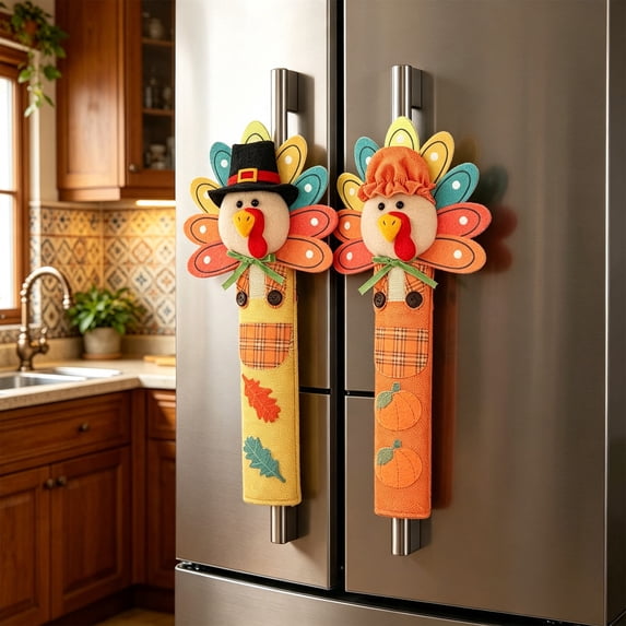 Thanksgiving Turkey Fridge Handle Covers, Non-Slip Kitchen Appliance Handle Protector with , Reusable Washable Fabric Decor for Refrigerator Oven Dishwasher, Festive Fall Home Decoration Gift
