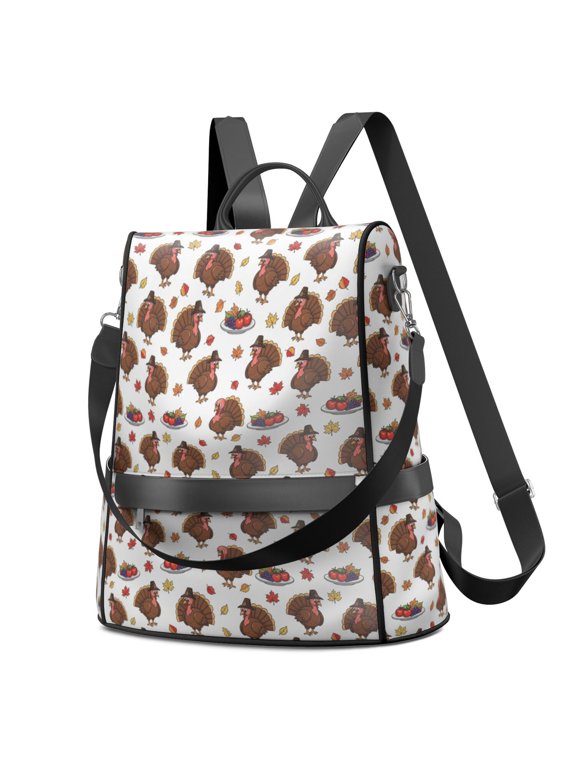 Thanksgiving Turkey Fruit Plate Cartoon Pattern Fashion Backpack, Fashion Handbag Backpack with Side Bottle Pockets & Convertible Strap, Water Repellent Polyester Gifts for Birthday Christmas