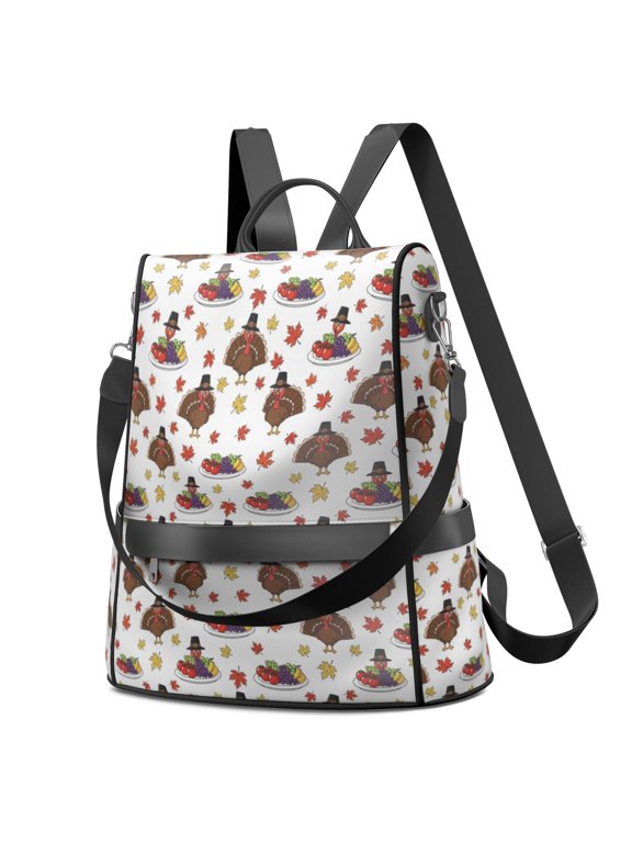 Thanksgiving Turkey Fruit Plate Maple Leaf Fashion Backpack, Casual Daypack with Side Bottle Pockets & Convertible Strap, Water Repellent Polyester Gifts for Work Travel Shopping