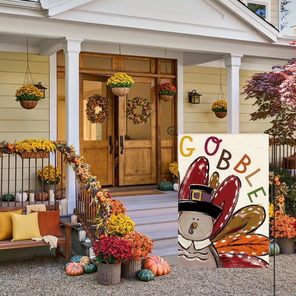 Thanksgiving Turkey Garden Flag 12 x 18 Inch Double Sided, Gobble Harvest Holiday Yard Outdoor Decorative Flag, Pole NOT Included