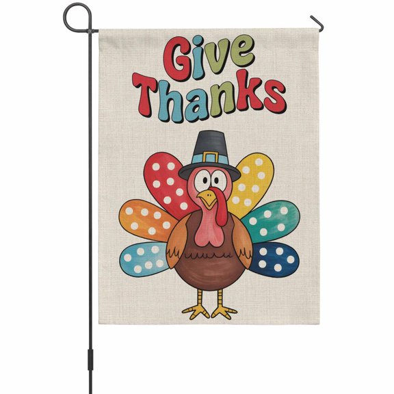 Thanksgiving Turkey Garden Flag 12 x 18 Inches, Give Thanks Colorful Turkey Wave Point Weather Proof Outdoor Patio Flags Double Sided Small Garden Decoration for Yard Outside Home