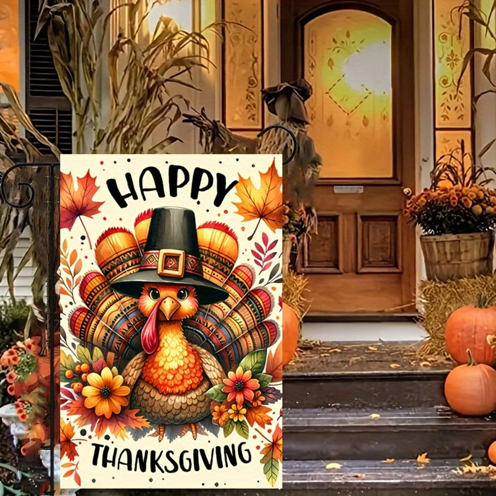 Happy Thanksgiving Turkey Double-Sided Linen Garden Flag