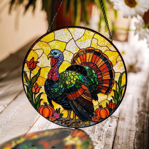 Thanksgiving Turkey Glass Suncatcher, Autumn Holiday Host Mom, 6.3 in