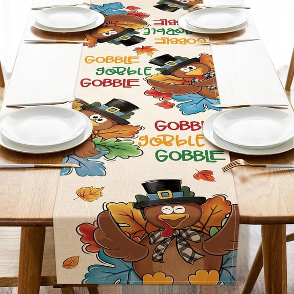Thanksgiving Turkey Gobble Table Runner, Funny Fall Kitchen Dining Table Decoration, Autumn Seasonal Burlap Indoor Outdoor Home Decor Party Supply 13.8 x 71 Inches