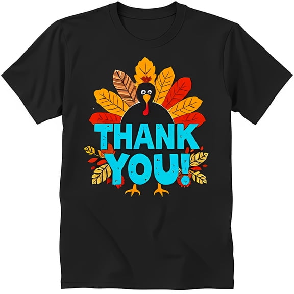 Thanksgiving Turkey Graphic Black T-Shirt with Autumn Leaves & 'THANK YOU' Design