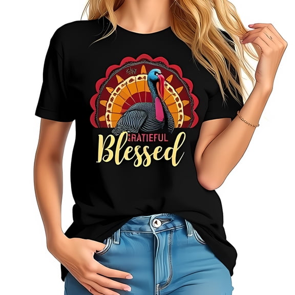 Thanksgiving Turkey Graphic Cotton Short Sleeve T-Shirt - " Grateful Blessed " Autumn Design