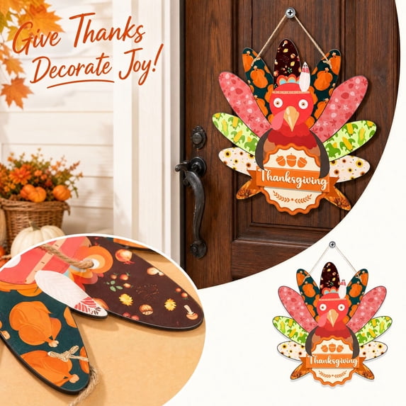 Thanksgiving Turkey Hanging Decoration, Printed Textile-Style Fall Ornament with Patterned Tail Feathers, Seasonal Text Banner, Acorn and Leaf Details for Door or Wall Decor