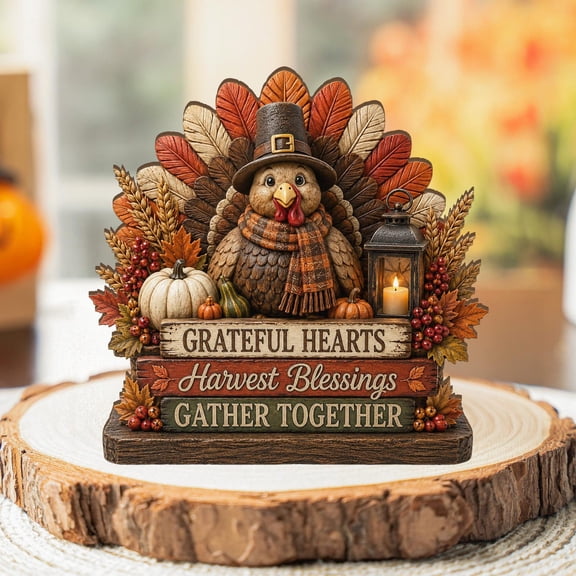 Thanksgiving Turkey Harvest Wooden Block Decor, Shelf Sitter, 8 Inch