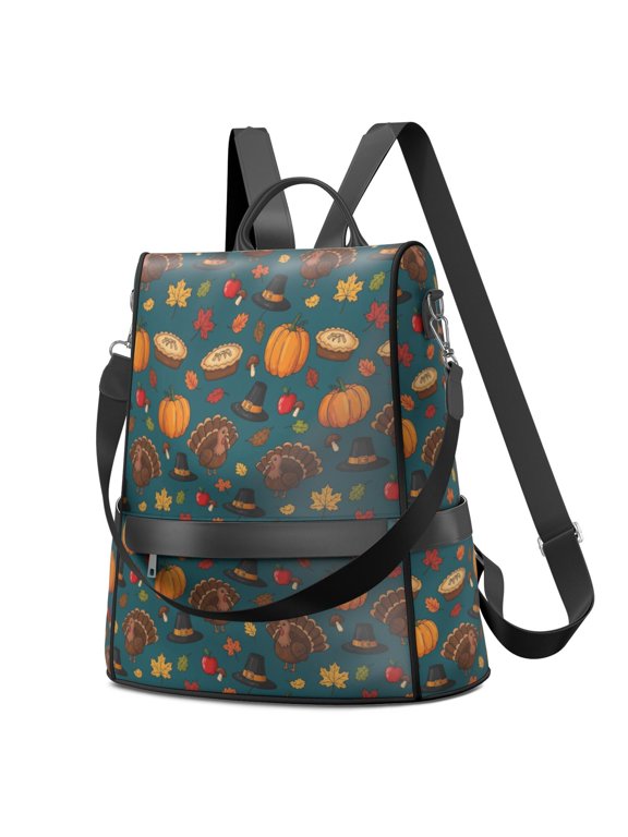 Thanksgiving Turkey Hat Pumpkin Fashion Backpack, Casual Daypack with Side Bottle Pockets & Convertible Strap, Water Repellent Polyester Gifts for Work Travel Shopping