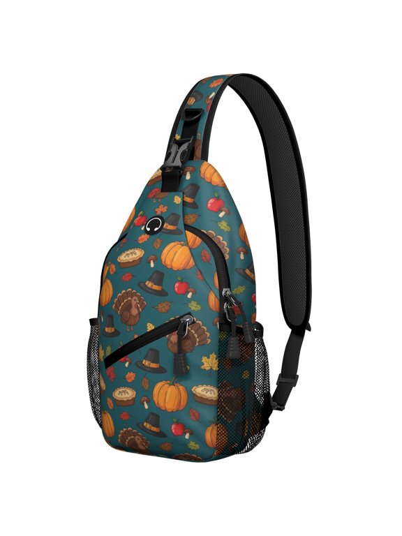 Thanksgiving Turkey Hat Pumpkin Sling Backpack, Unisex Hiking Chest Pack with Side Mesh Pockets, Earphone Hole Port Gift Ideas for Travel Shopping Commuting