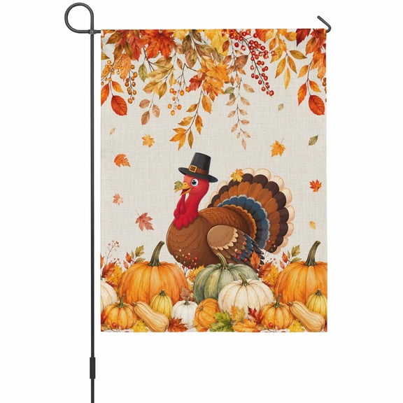 Thanksgiving Turkey House Flags For Outdoor, Fall Harvest Vintage Orange Maple Leaves Berry Small Double Side Yard Flags Weather Proof House Decor for Lawn Outside Holiday 28 x 40 Inches