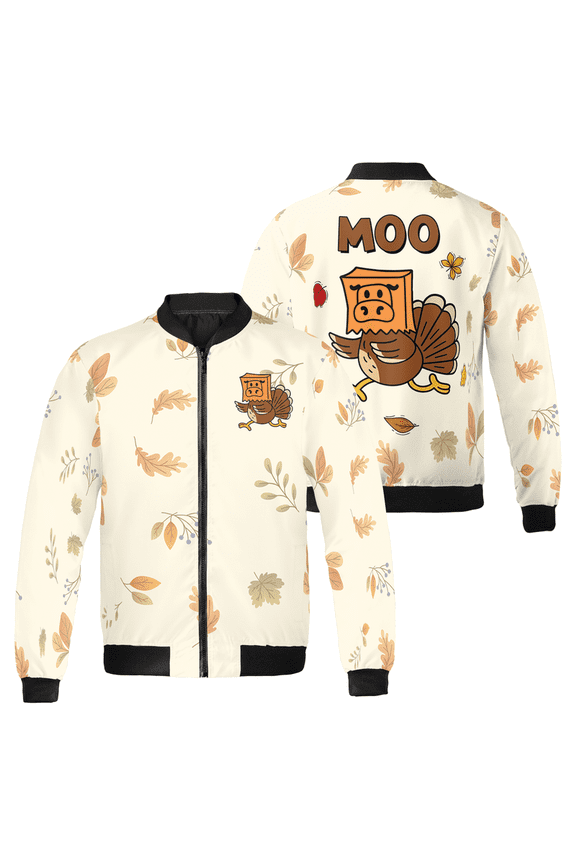 Thanksgiving Turkey In Cow Mask Moo Bomber Jacket – Funny Fall Autumn Leaf Print Coat, Cute Turkey Costume Outfit, Holiday Party Jacket