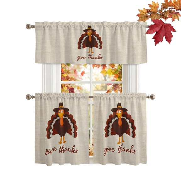 Thanksgiving Turkey Kitchen Curtains Sets 36 Inch Length Tier Curtain, Give Thanks Fall Farmhouse Rod Pocket Window Treatments, Window Valance Curtains for Bathroom/Bedroom/Cafe 3 Panels