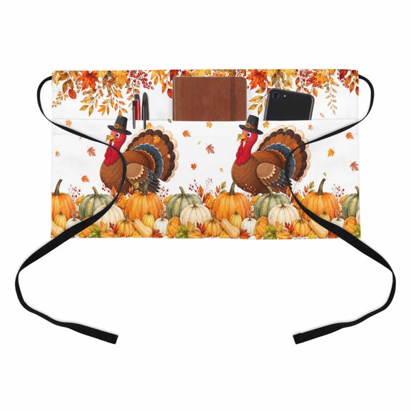 Thanksgiving Turkey Kitchen Restaurant Half Waist Apron, Fall Harvest Farmhouse Orange Maple Leaves Berry Server Short Apron with 3 Pockets Waterproof Oil Waist Aprons for Women Waitress Waiter