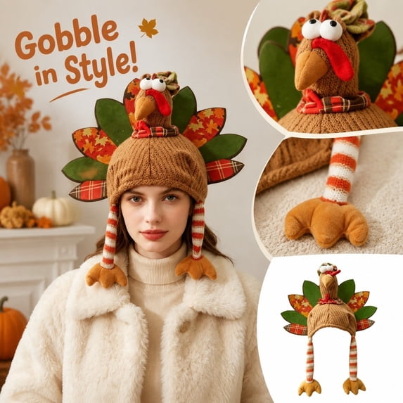 Thanksgiving Turkey Knitted Hats Adult Turkey Cap for Women Men Thanksgiving Night Event Dress-up Cosplay Costume Accessories
