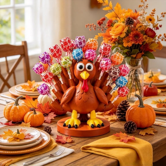 Thanksgiving Turkey Lollipop Holder, Candy Display Stand, Cute Turkey Shape Lollipop Tree for Thanksgiving Table Party Decor 16x11x18cm
