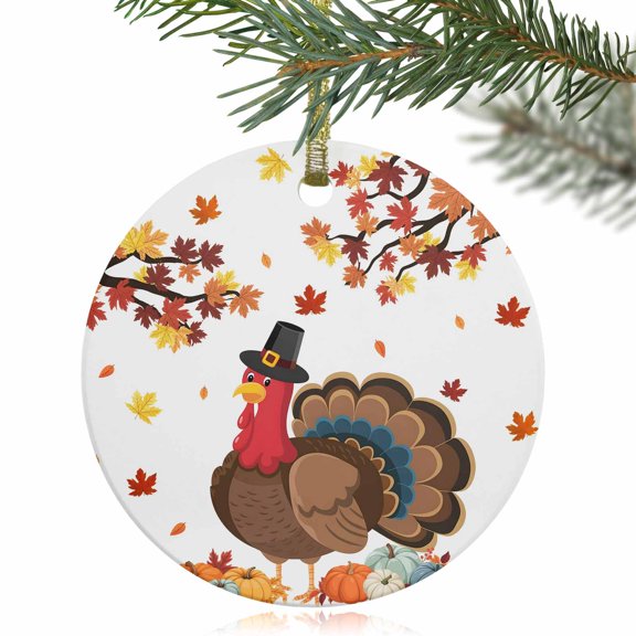 Thanksgiving Turkey Maple Leaf Christmas Ceramic Ornament 2025,3" Round Xmas Tree Hanging Accessories with Gold Ribbon,Farmhouse Autumn Pumpkin Pendant Ornaments for Holiday Gift Home Party Decor