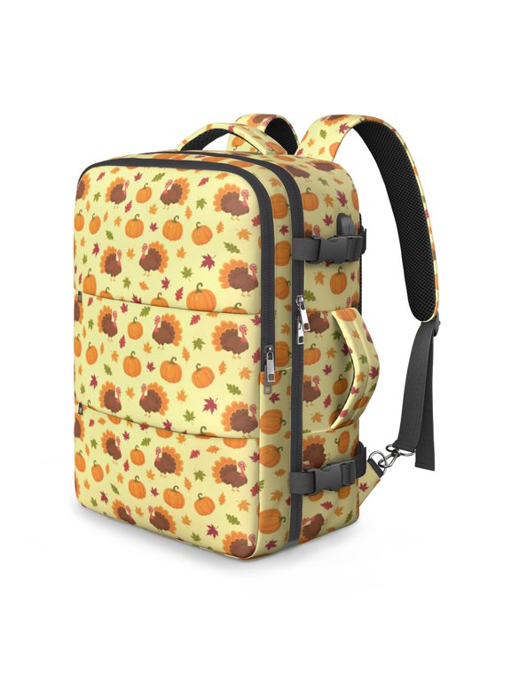 Thanksgiving Turkey Maple Leaf Pumpkin Travel Laptop Backpack, Airline Approved Personal Bag with Multi Compartments & USB Port, Water Resistant Twill Gifts for Men Women