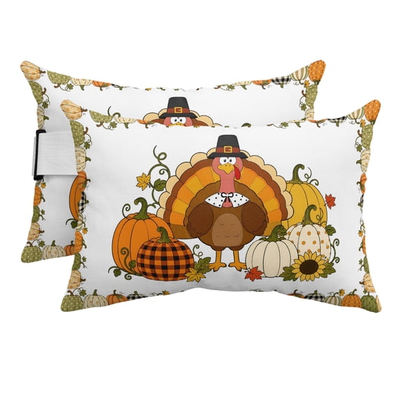 Thanksgiving Turkey Outdoor Pillows for Chaise Lounge Chair Beach Headrest Pillow Set of 2 Waterproof Lumbar Pillows with Insert&Adjustable Strap Fall Harvest Pumpkins Sunflowers Pool Pillow 12"x20"